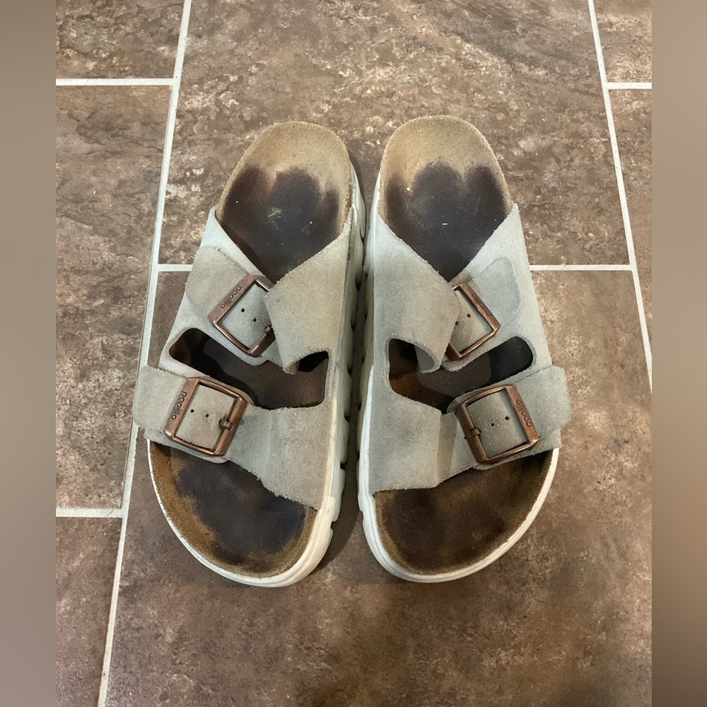 Papillio Suede Double Strap Sandals in Light Gray and Brown